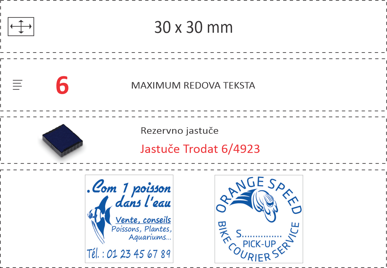 Trodat 4923 — kvadratni 30×30 mm, primer otiska — kvadratni format za komorski amblem